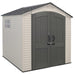 Front view of a Lifetime 7x7 ft Outdoor Storage Shed with gray doors and beige walls.