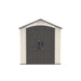 Frontal view of the Lifetime 7 x 7 ft Outdoor Storage Shed showcasing the gray doors and beige walls.