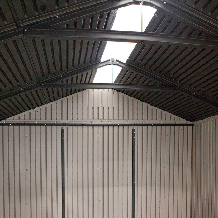Interior view of the Lifetime 7 x 7 ft Outdoor Storage Shed roof with skylight feature.