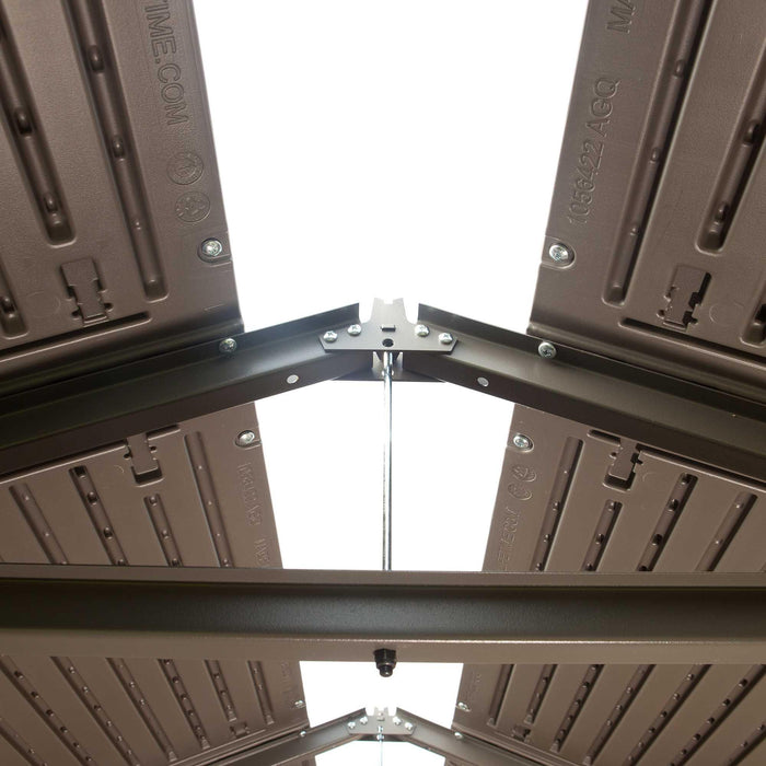 Close-up interior view of the Lifetime Outdoor Storage Shed's skylight and roof structure.