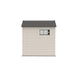 Plain side view of the beige Lifetime 7 x 7 ft Outdoor Storage Shed without windows.