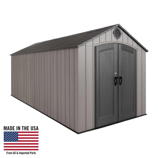 Front exterior view of the Lifetime 8 x 17.5 ft Outdoor Storage Shed with closed double doors.