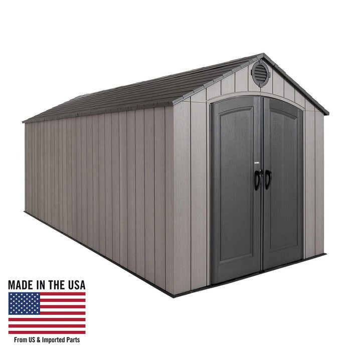 Front exterior view of the Lifetime 8 x 17.5 ft Outdoor Storage Shed with closed double doors.