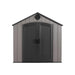 Frontal view of the closed Lifetime 8 x 17.5 ft Outdoor Storage Shed, showcasing the double doors and vents.