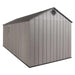 Full side and back view of the Lifetime 8 x 17.5 ft Outdoor Storage Shed, showing the length and wall texture.