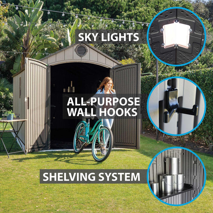 Interior features of the Lifetime 8 x 17.5 ft Outdoor Storage Shed including sky lights, all-purpose wall hooks, and shelving system.