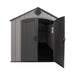 Interior view of the Lifetime 8 x 17.5 ft Outdoor Storage Shed showing open doors and spacious interior.