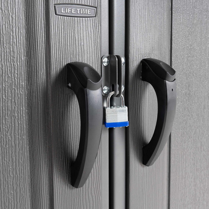 Close-up of the lockable handles on the Lifetime 8 x 17.5 ft Outdoor Storage Shed's doors with a padlock in place.