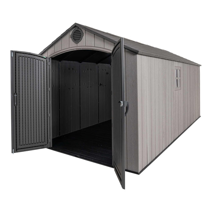 Front view of the Lifetime 8 x 17.5 ft Outdoor Storage Shed with open doors, showing the interior wall and shelving.