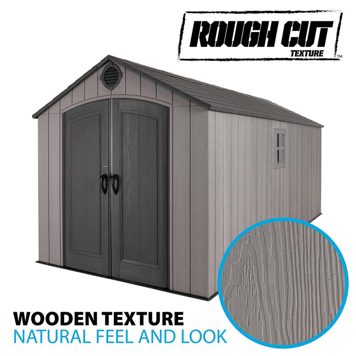 The rough cut texture on the Lifetime 8 x 17.5 ft Outdoor Storage Shed, highlighting the wood grain detail.
