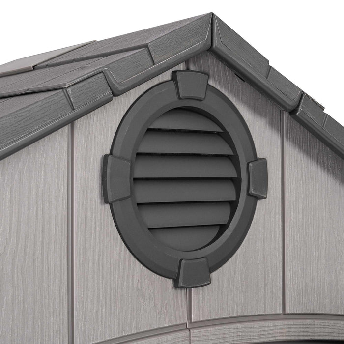 Close-up view of the vent on the Lifetime 8 x 17.5 ft Outdoor Storage Shed, highlighting the design and color.