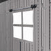 Close-up of the square window on the side of the Lifetime 8 x 17.5 ft Outdoor Storage Shed, with a focus on the latch and design.