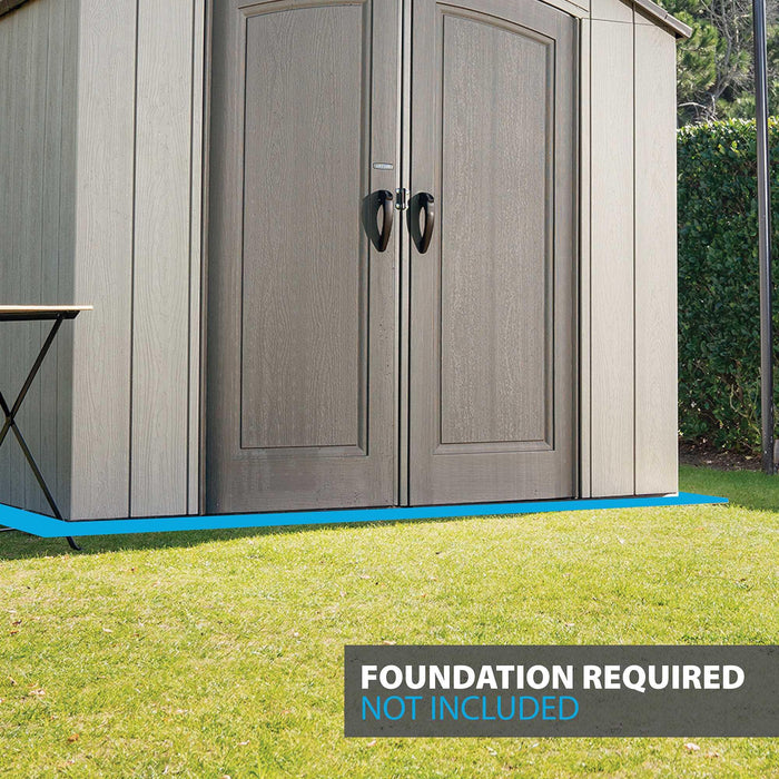 The Lifetime 8 x 17.5 ft Outdoor Storage Shed displayed with a notice for foundation requirement, not included.