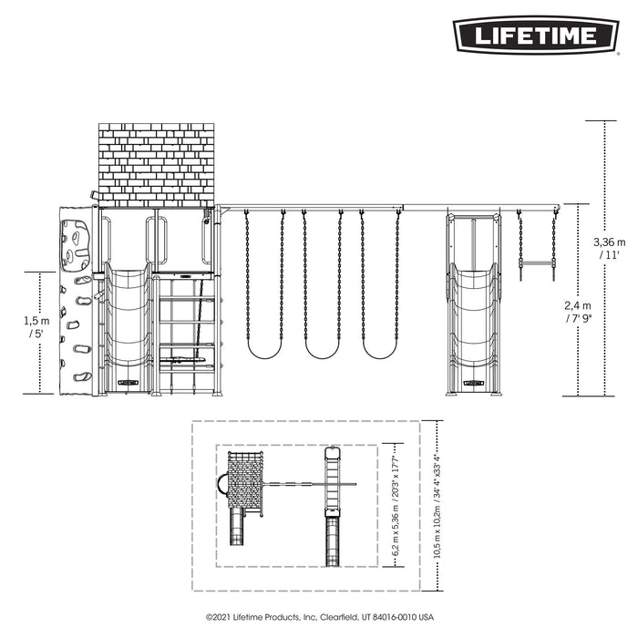 Side schematic view of Lifetime 91080 Deluxe Playset showing dimensions and structure layout.