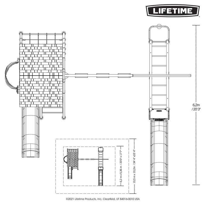 Top-down schematic view of Lifetime 91080 Deluxe Playset with detailed measurements.