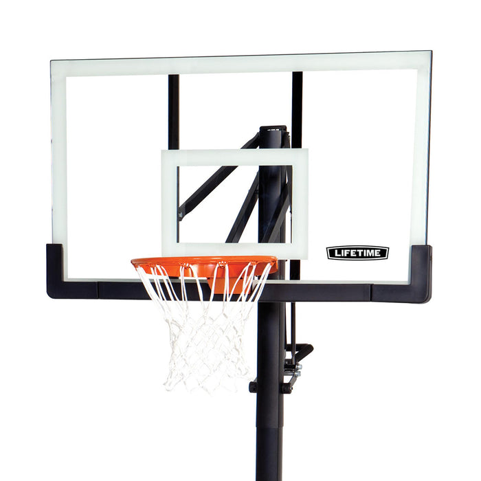 Studio shot of the Lifetime Adjustable In-Ground Basketball Hoop with a 54-inch acrylic backboard on a white background, focusing on the design and build.
