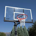 Side angle view of the Lifetime Adjustable Basketball Hoop's 60-inch tempered glass backboard.