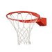Close-up of the red basketball hoop and white net of the Lifetime 60-Inch Tempered Glass Basketball Hoop.