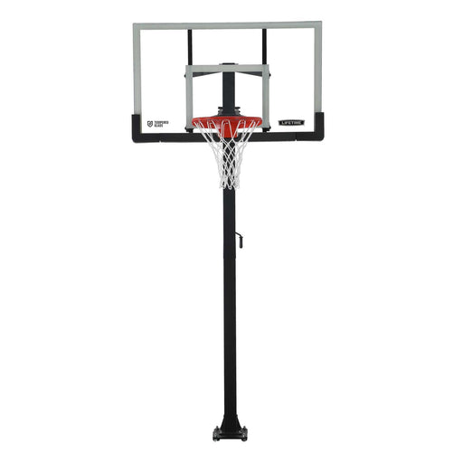 Front view of Lifetime Adjustable Bolt Down Basketball Hoop with 60-inch tempered glass backboard.