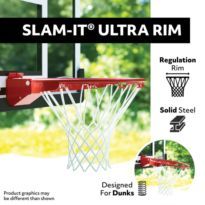 Feature image of the Lifetime Adjustable Bolt Down Basketball Hoop's "Slam-It Ultra Rim" with solid steel construction and designed for dunks.