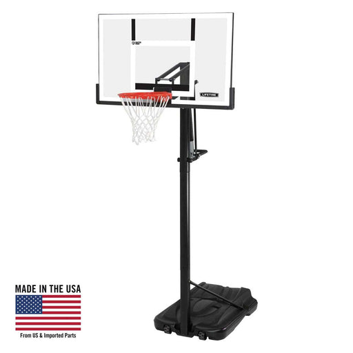 Full view of Lifetime Adjustable Portable Basketball Hoop featuring a 54-inch polycarbonate backboard with a 'Made in the USA' flag.