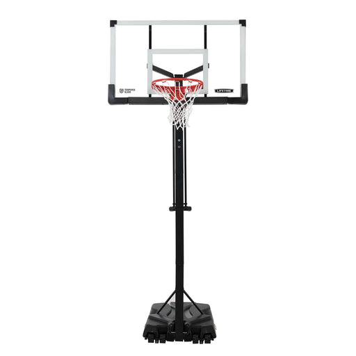 Frontal view of the Lifetime Adjustable Portable Basketball Hoop with a 54-Inch Tempered Glass backboard.
