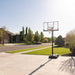 Lifetime Adjustable Portable Basketball Hoop positioned on a suburban driveway with clear skies in the background.