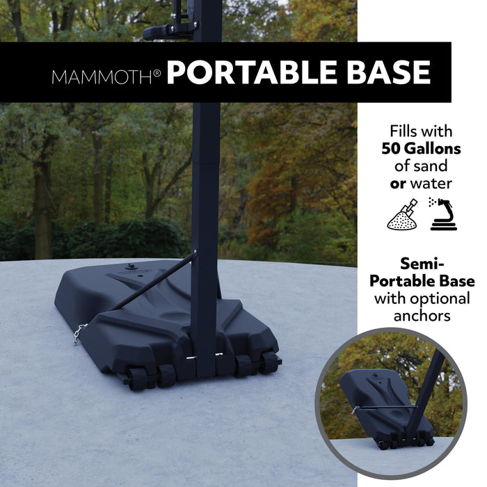 Informational image of the Mammoth Portable Base of the Lifetime Basketball Hoop, indicating the capacity and semi-portable design.
