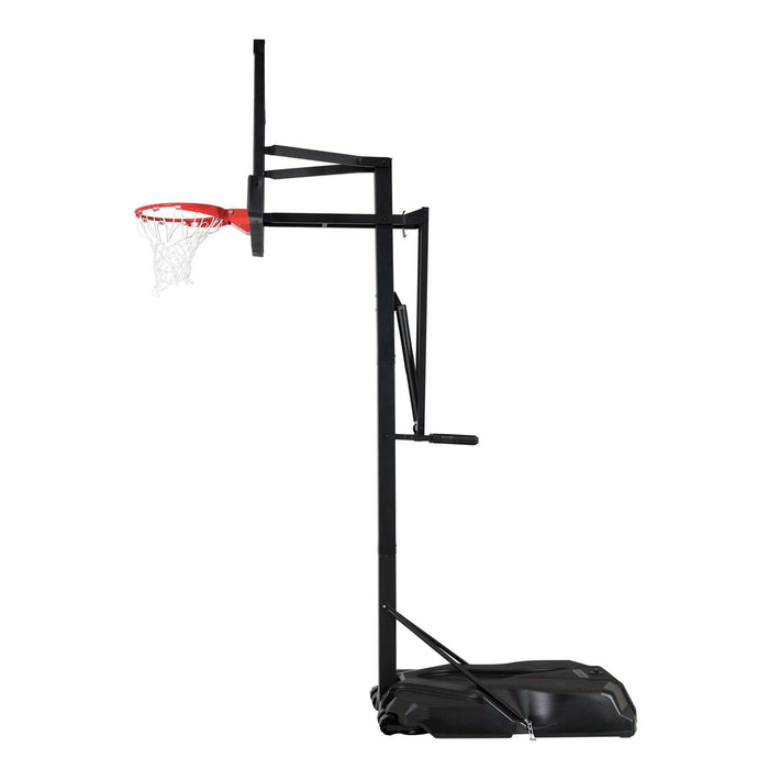 Side view of the Lifetime Adjustable Portable Basketball Hoop isolated on a white background with a focus on the base and pole.