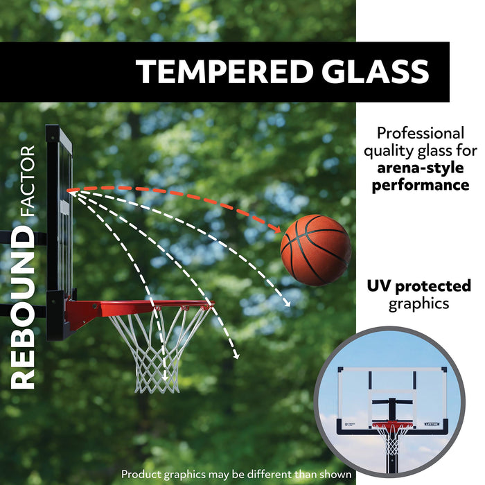 Close-up of the tempered glass backboard of the Lifetime Adjustable Portable Basketball Hoop highlighting its rebound factor.