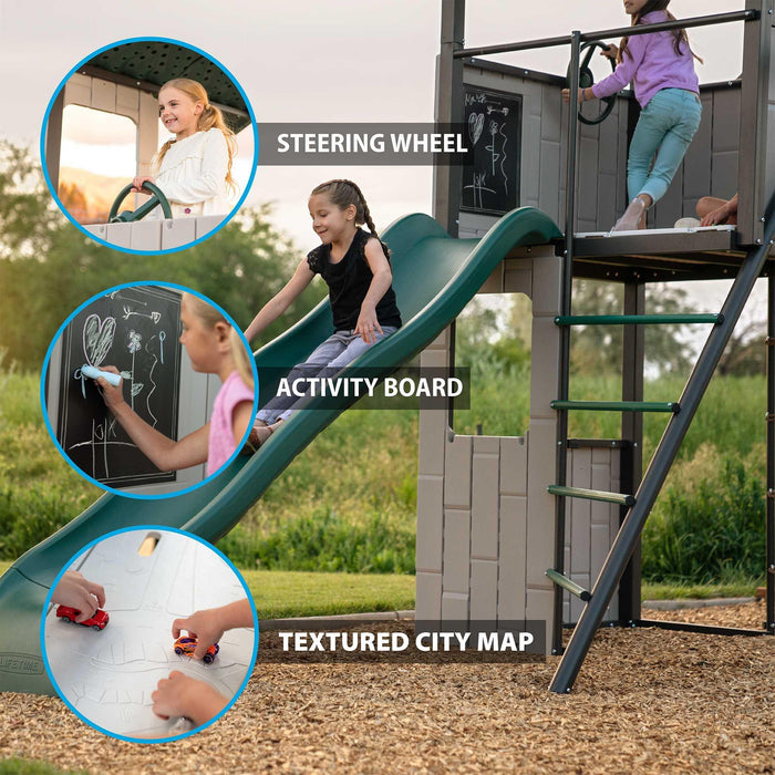 Close-up of the activity features on the Lifetime Adventure Clubhouse Playset, including a steering wheel and activity board.