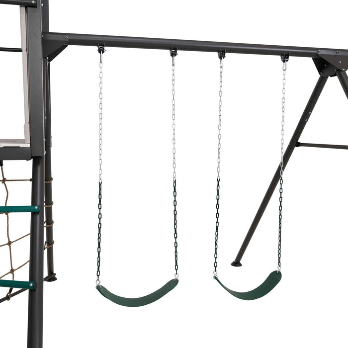 Detail view of the climbing net and swing set on the Lifetime Adventure Clubhouse Playset.
