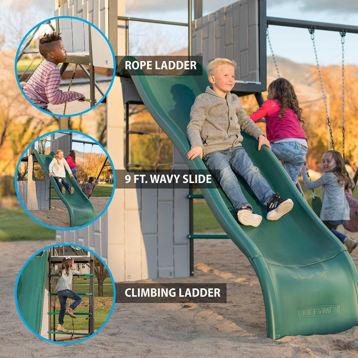 Close-up of various features of the Lifetime Adventure Clubhouse Playset, including rope ladder and wavy slide, with children playing.