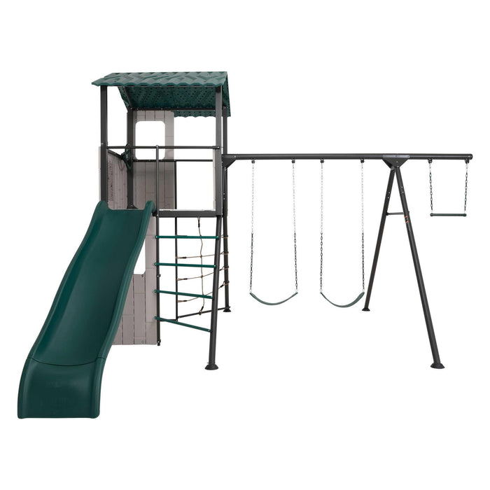 Full view of the Lifetime Adventure Clubhouse Playset showing the slide and climbing ladder.