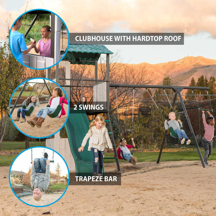 Composite image showing different features of the Lifetime Adventure Clubhouse Playset including the clubhouse, swings, and trapeze bar.