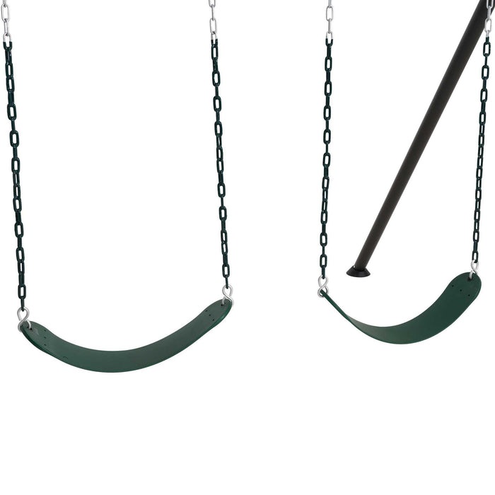 Close-up view of a single swing with chains on the Lifetime Adventure Clubhouse Playset.