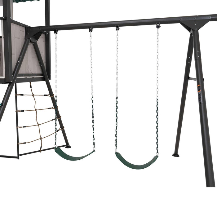 Close-up of the swing set portion of the Lifetime Adventure Clubhouse Playset.