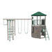 Rear view of playset showcasing swings, a ladder, and protective side netting.