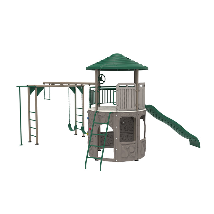 Complete playset including swings, slide, and climbing features with a green roof.