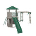Angled view of play structure with a green slide and enclosed tower.