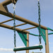 Detailed view of the green swing chain links attached to the playset's top bar.
