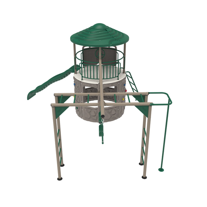 A green and gray playset tower with an attached slide and swing bar from a front angle.
