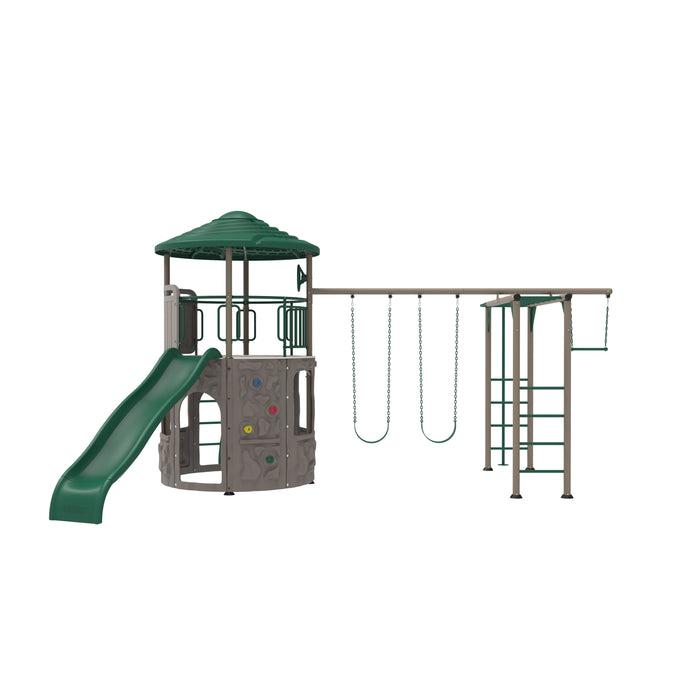 Playset featuring a slide, swing set, and climbing wall under a green roof.