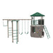 Play structure with swing set, ladder, and climbing frame under a green canopy.
