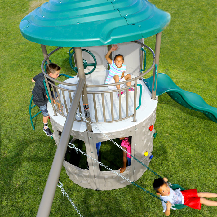 Overhead view of children playing on the Lifetime Adventure Tower Deluxe playset.