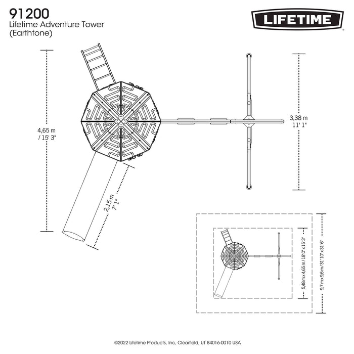 Line art illustration showing the top view dimensions of the Lifetime Adventure Tower Playset, SKU 91200.
