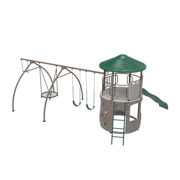 Aerial studio view of the Lifetime Adventure Tower Playset with Spider Swing, displaying the swing set, spider swing, and tower with a green roof on a white background.