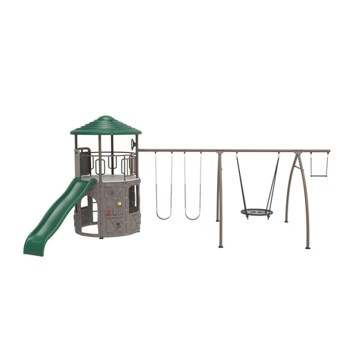 Front view studio image of the Lifetime Adventure Tower Playset with Spider Swing, showcasing the slide, swings, and spider swing against a white background.