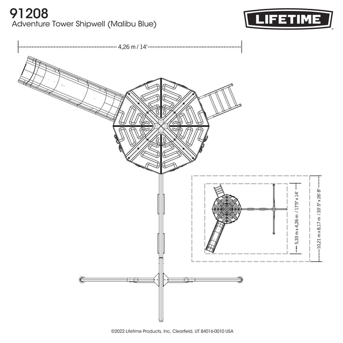 Top view blueprint of the Lifetime Adventure Tower Playset, detailing the roof design and the overall layout.