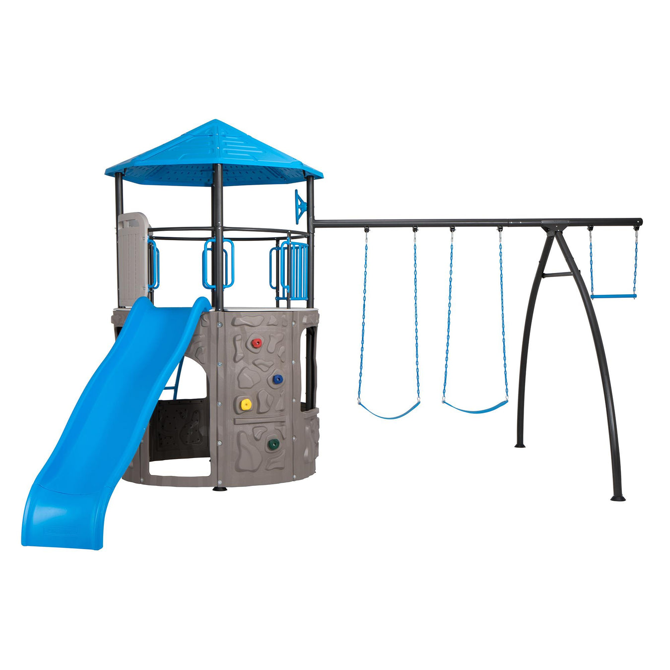 Lifetime Adventure Tower Playset with a blue slide and swing set on a white background.